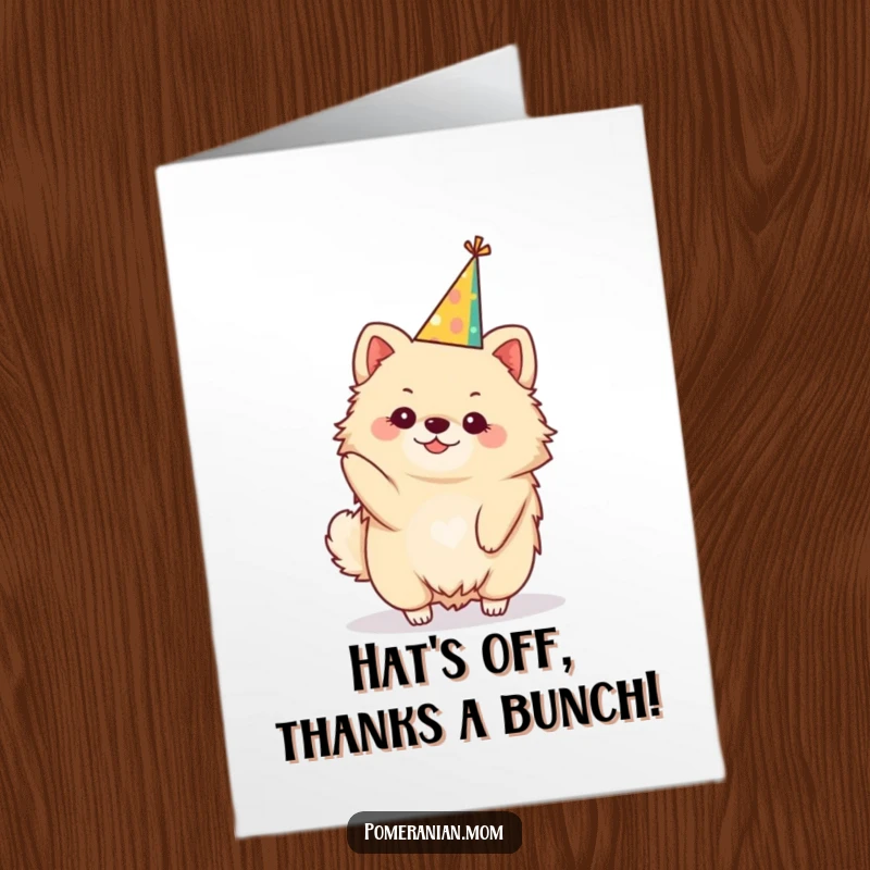 Funny Free Printable Thank You Card: Kawaii Pomeranian balancing a small, festive party hat to say thanks.