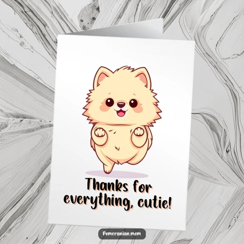 Funny Free Printable Thank You Card: A kawaii pomeranian doing a cute prance with its tiny paws delicately stepping.