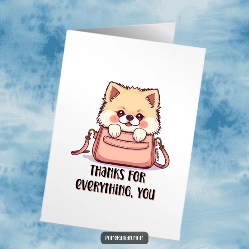 Funny Free Printable Thank You Card featuring a kawaii Pomeranian peeking from a tiny purse, offering thanks with a wag.