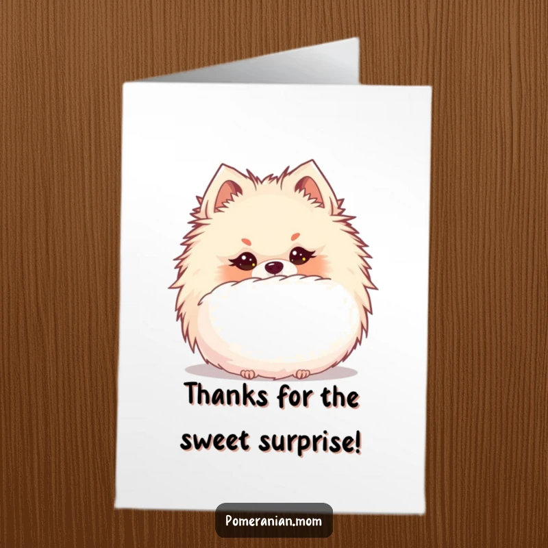 Funny Free Printable Thank You Card: Kawaii Pomeranian with a mischievous glint, hiding behind a giant puffball, looking surprised.