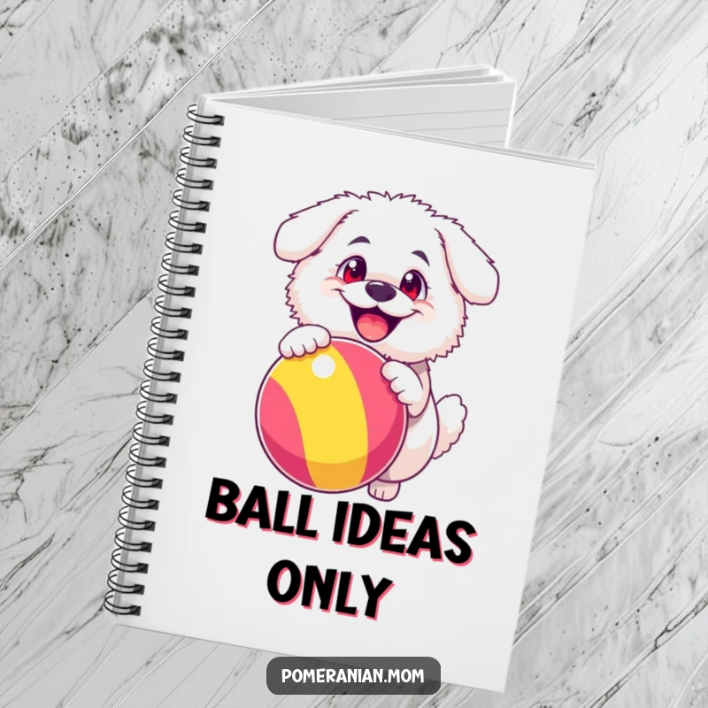 Funny notebook cover with a fluffy white dog with ecstatic eyes, joyfully bouncing a large, colorful ball, ready for ideas.