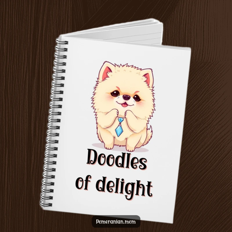 Funny Pomeranian notebook featuring a playful dog batting at a dangling sparkly charm, a cute and humorous journal.
