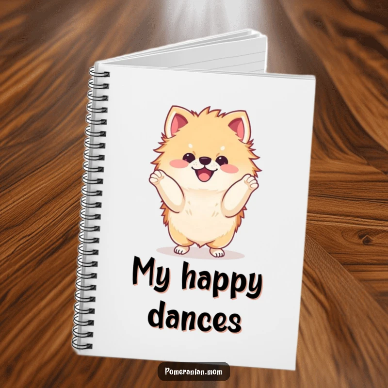 Funny kawaii Pomeranian doing a delighted dance with its paws notebook, ideal for jotting down thoughts with playful flair.