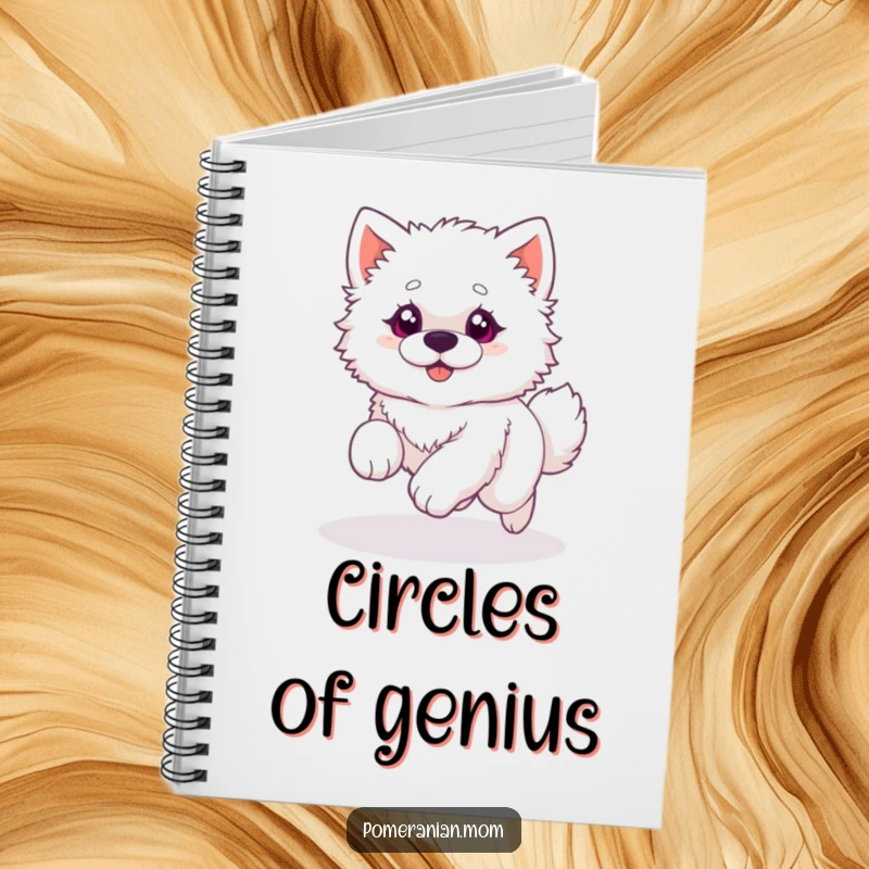 Funny notebook cover with a fluffy white dog with wide eyes, hilariously chasing its own tail in a circle, ready for ideas.