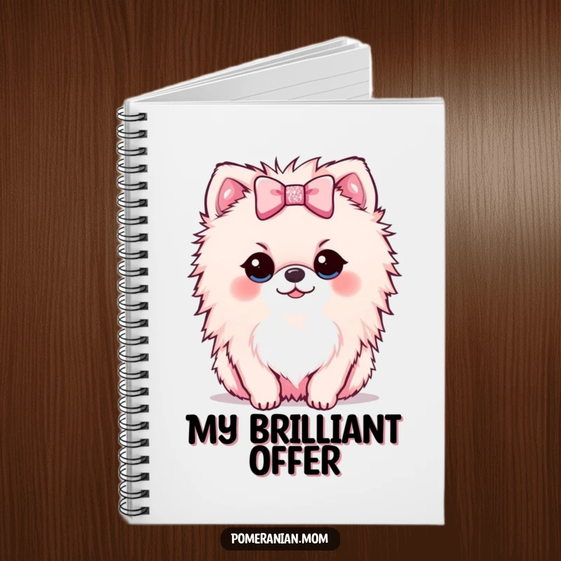 Funny Kawaii Pomeranian notebook with a small dog offering a tiny, sparkly bow, perfect for jotting down sweet ideas.