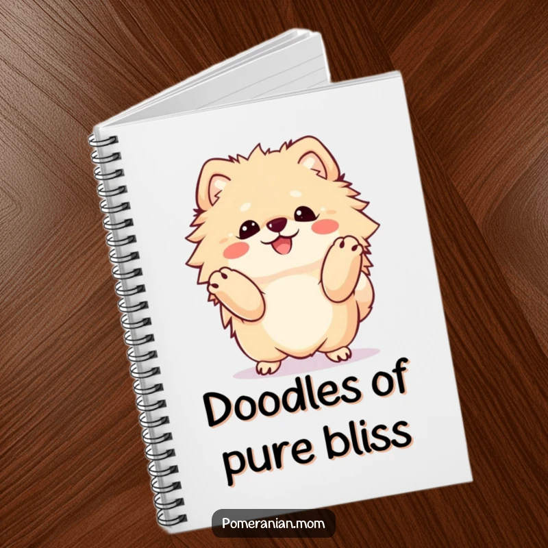 Funny Kawaii Pomeranian notebook, a cute dog performing a joyful happy dance, perfect for jotting down inspired thoughts.