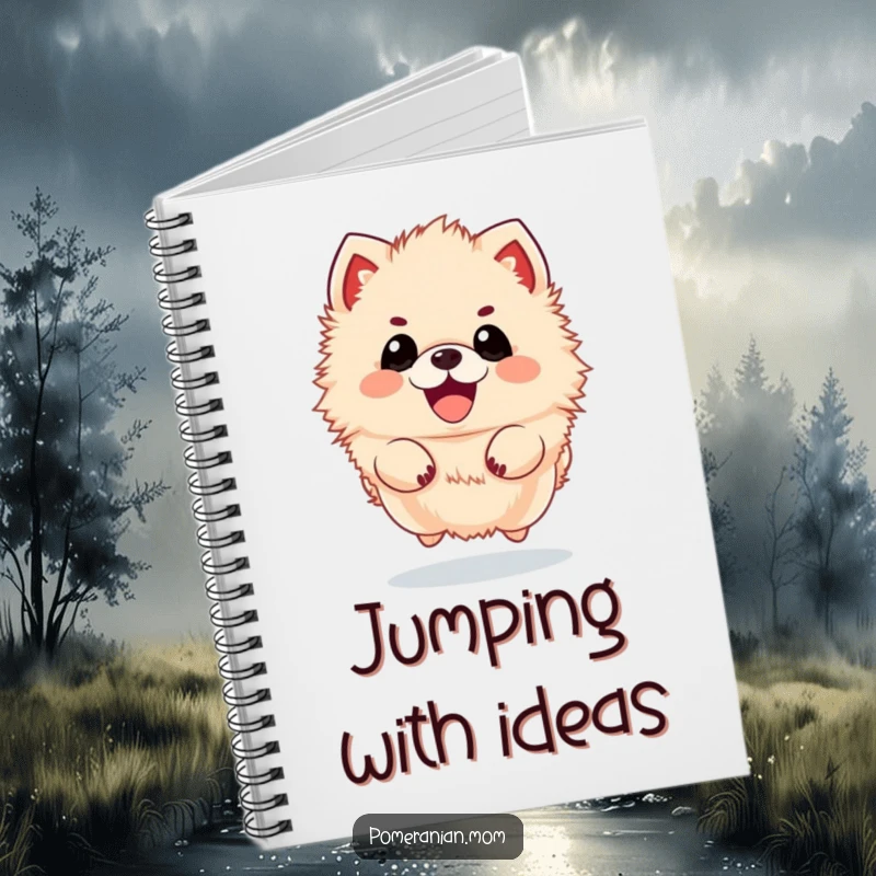 Funny kawaii Pomeranian notebook cover, showing a fluffy dog mid-jump with infectious enthusiasm. Ideal for note-takers.