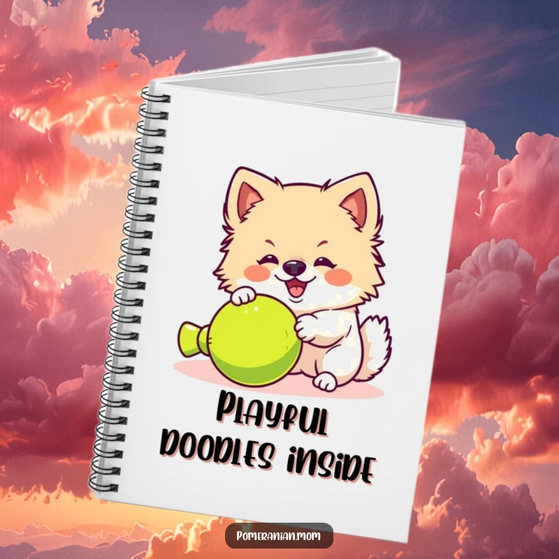 Funny kawaii Pomeranian notebook cover, showing a fluffy dog yipping enthusiastically at a toy. Ideal for note-takers.