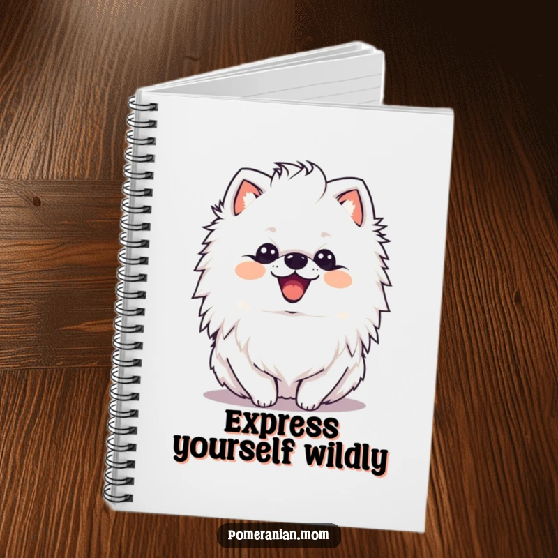 Funny kawaii Pomeranian with a delighted expression shaking its mane on this notebook cover, perfect for capturing inspired thoughts.