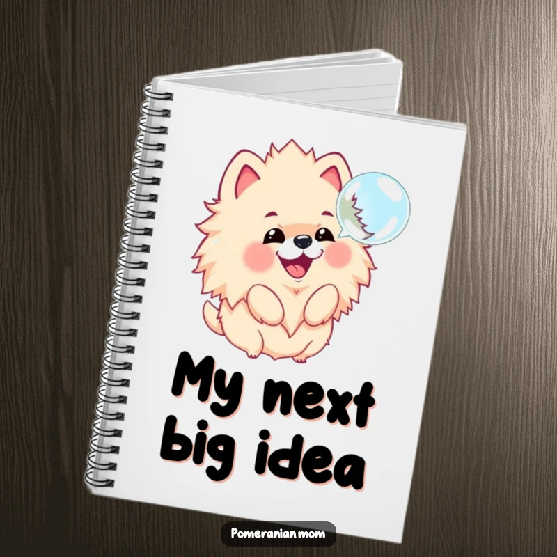 Funny notebook with a kawaii Pomeranian joyfully barking at a floating bubble, ideal for capturing notes and ideas.
