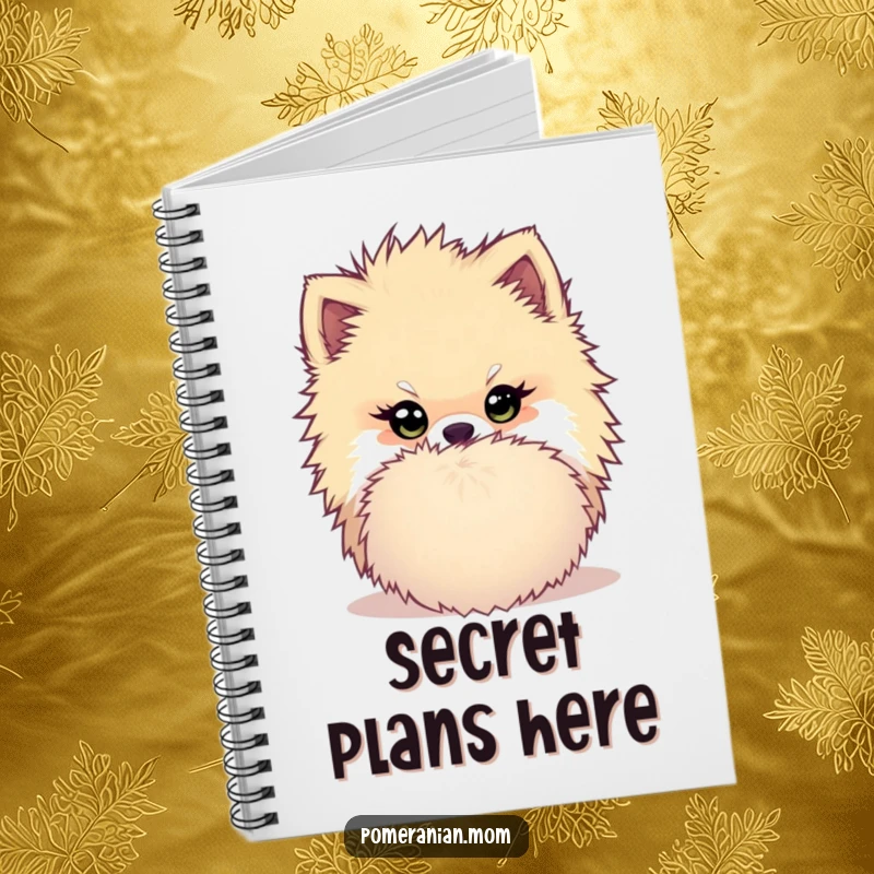 Funny Kawaii Pomeranian Notebook: Cute dog hiding behind a pom-pom with a mischievous twinkle, ideal for humorous journaling.
