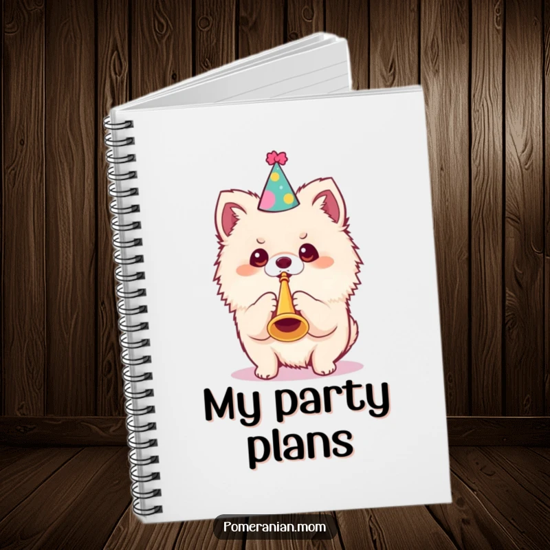 Funny Kawaii Pomeranian Notebook: A cute dog wearing a party hat blows a tiny trumpet, perfect for jotting down festive ideas.