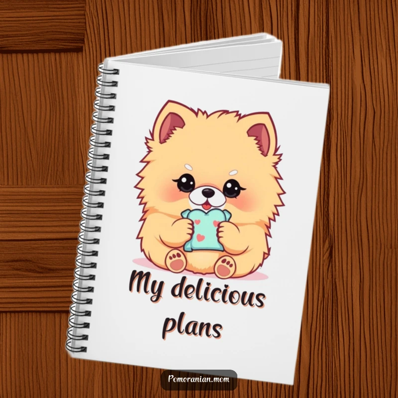 Funny Kawaii Pomeranian notebook, featuring a fluffy dog holding a treat, perfect for writing.