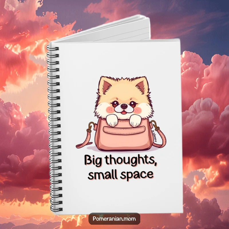 Funny Kawaii Pomeranian peeking from a tiny purse on this notebook cover, perfect for capturing ideas with a dose of cute mischief.
