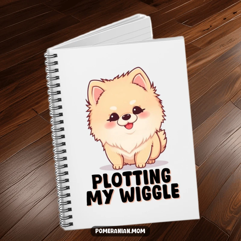 Funny Kawaii Pomeranian notebook with a small dog curiously sniffing, perfect for recording thoughts and discoveries.
