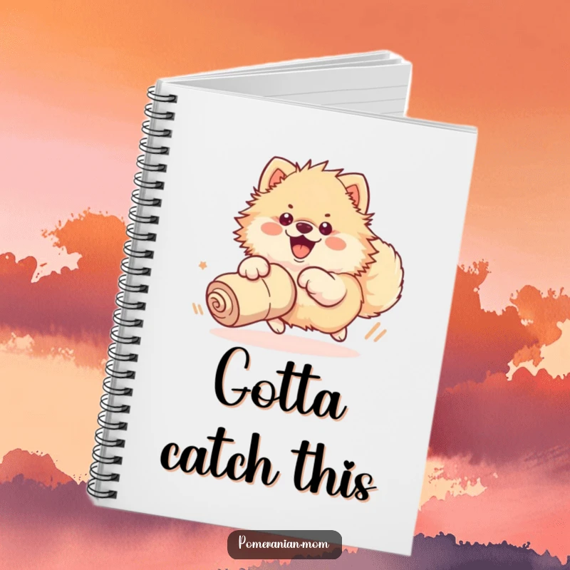 Funny notebook with a kawaii Pomeranian enthusiastically chasing a rolled-up sock with its whole body, ready for notes.