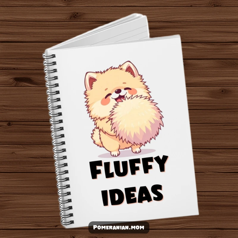 Funny Pomeranian notebook featuring a joyful dog shaking a very large pom-pom, perfect for journaling, notes, and creative writing.