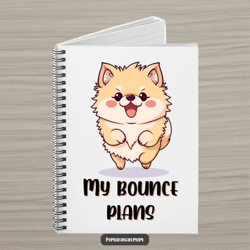 Funny Pomeranian Notebook with a kawaii Pomeranian character doing a cute, bouncy hop.