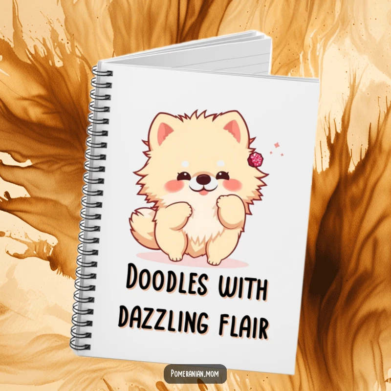Funny kawaii Pomeranian notebook, a cute dog jotting notes while playfully tossing a sparkly accessory. For creative individuals.