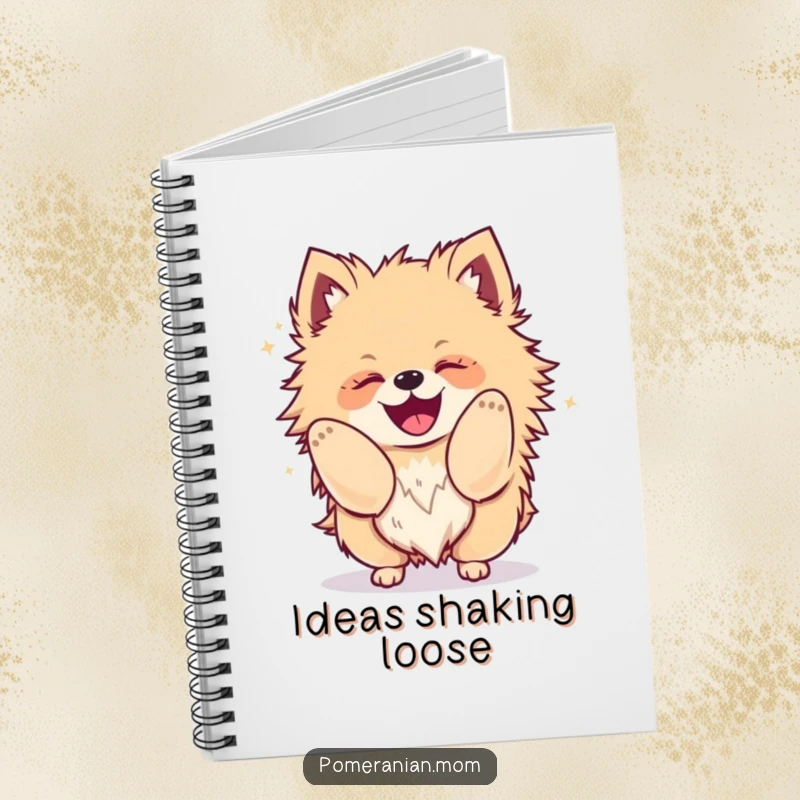 Funny Kawaii Pomeranian notebook, featuring a fluffy dog shaking its body with glee, perfect for writing.