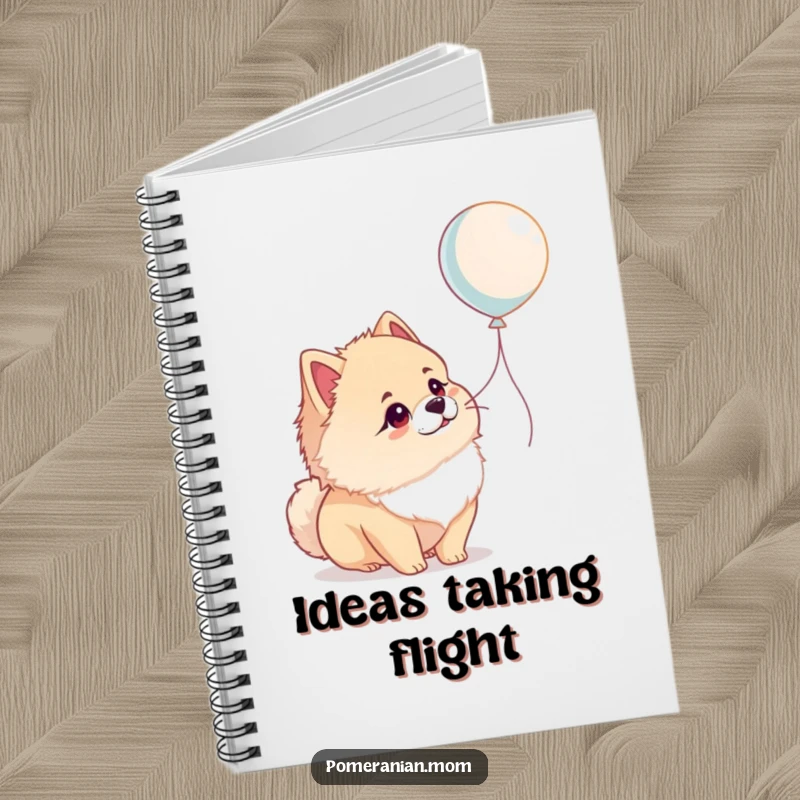 Funny Pomeranian notebook featuring a dog looking at a balloon with wonder, a cute and humorous journal for note-taking.