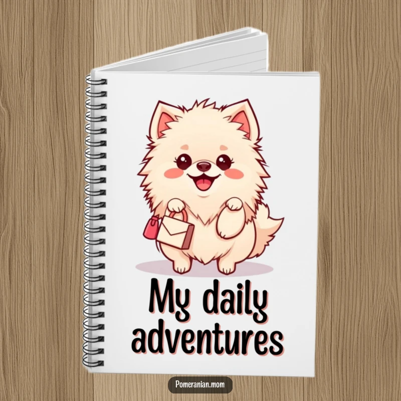 Funny Kawaii Pomeranian Notebook: A cute dog with a happy wiggle carries a miniature handbag, perfect for jotting down fashion ideas.
