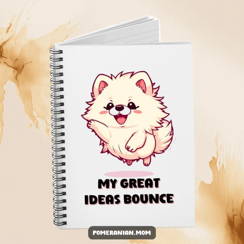 Funny Kawaii Pomeranian notebook with a small dog energetically leaping, great for jotting down playful thoughts and ideas.