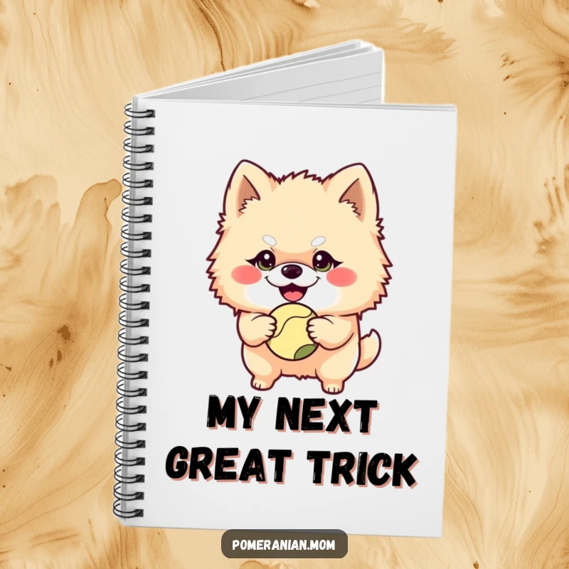Funny Pomeranian character with a mischievous grin holding a ball on this notebook cover, perfect for jotting down playful ideas.