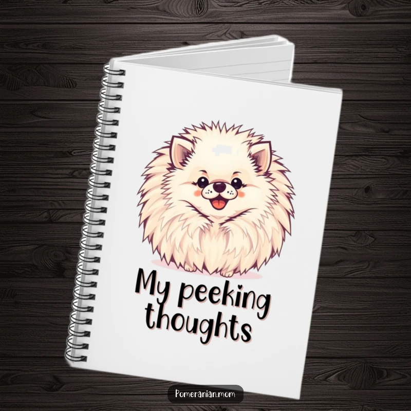Funny Pomeranian Notebook with a happy Pomeranian peeking from behind a large, cheerful pompom.
