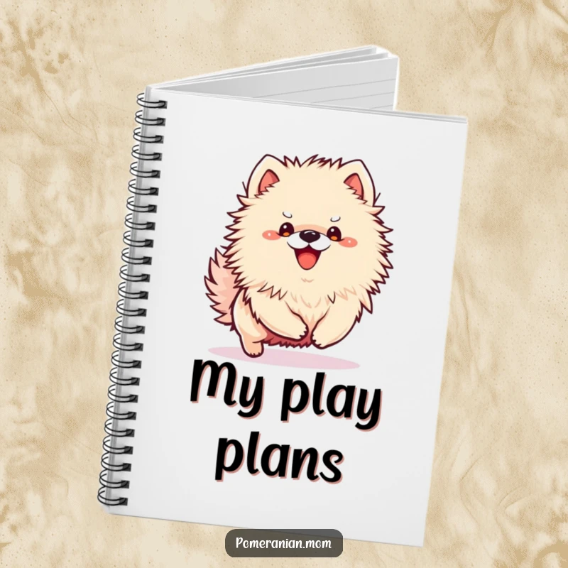 Funny Kawaii Pomeranian notebook with a small dog in an excited bounce, perfect for writing down playful thoughts.