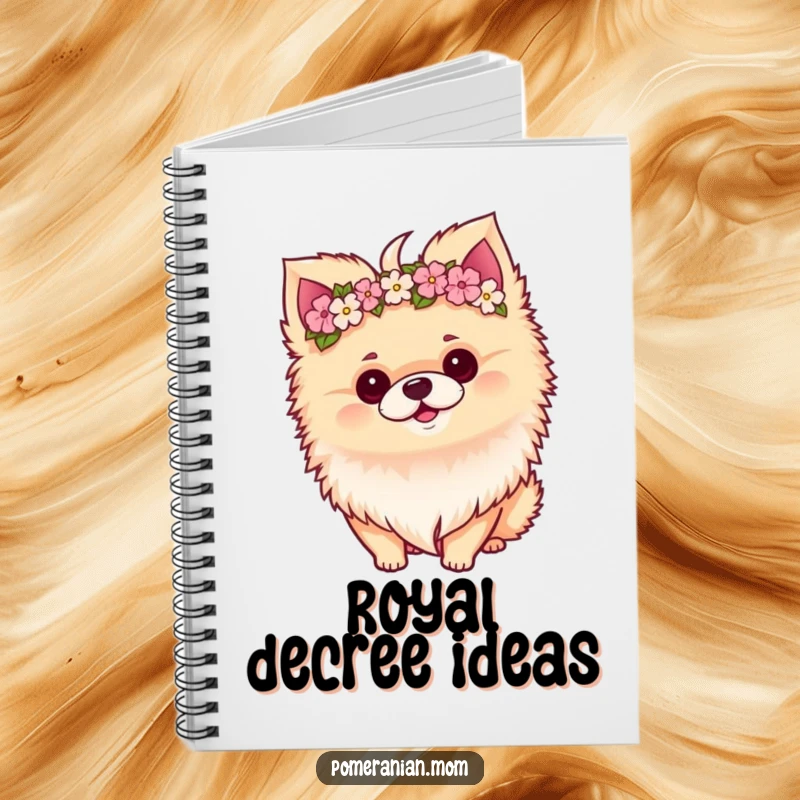 Funny Kawaii Pomeranian with a perky tilt and flower crown, inspiring creativity on this notebook cover.