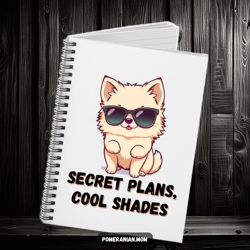 Funny tiny Pomeranian character hilariously attempting to wear oversized sunglasses on this notebook cover, perfect for jotting down cool notes.