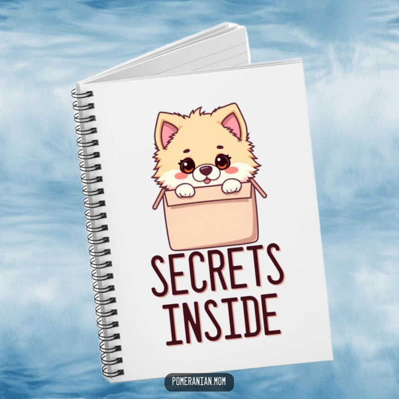 Funny notebook with a kawaii Pomeranian with a surprised expression, peeking from inside a toy box, ready for notes.