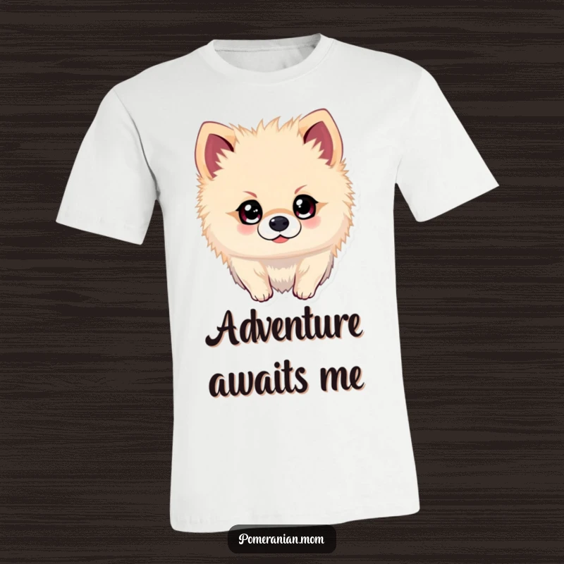 Funny Kawaii Pomeranian T-Shirt: Cute dog with sparkling eyes on an adventure quest, conveying humor and excitement.