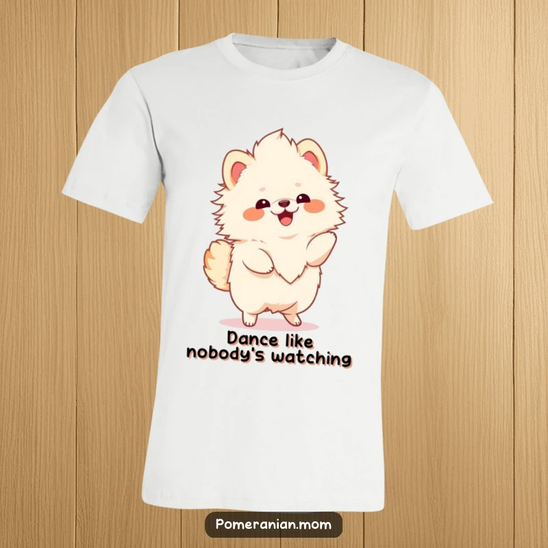 Funny Kawaii Pomeranian t-shirt, depicting a fluffy dog performing a happy, energetic twirl, great for dog enthusiasts.