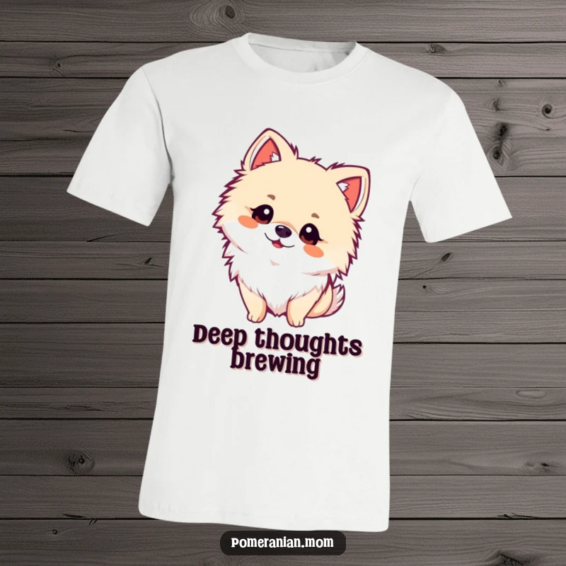 Funny kawaii Pomeranian t-shirt, depicting an adorable, fluffy dog tilting its head with curious expression. Perfect for thoughtful owners.