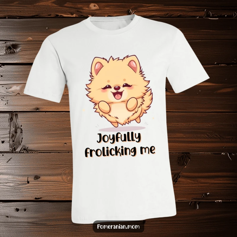 Funny Kawaii Pomeranian T-Shirt: A fluffy dog caught mid-frolic, radiating sheer joy and boundless enthusiasm.