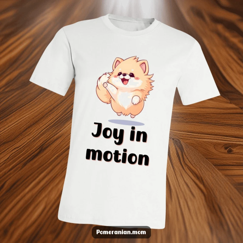 Funny Kawaii Pomeranian in mid-air, jumping with pure excitement and a furiously wagging tail, celebrating happiness.