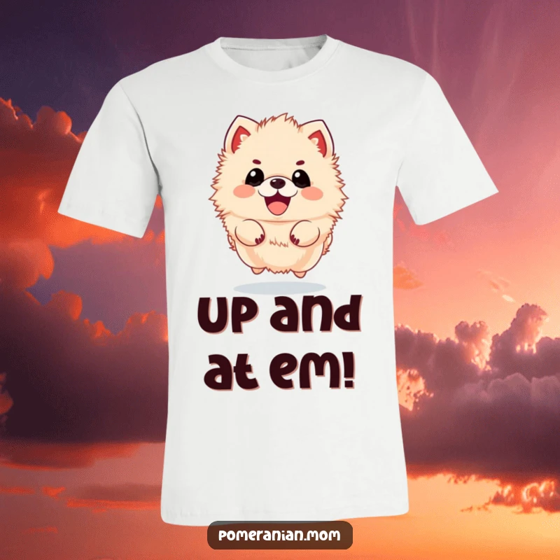 Funny kawaii Pomeranian t-shirt, depicting an adorable, fluffy dog jumping with pure excitement and happiness. Perfect for active pups.