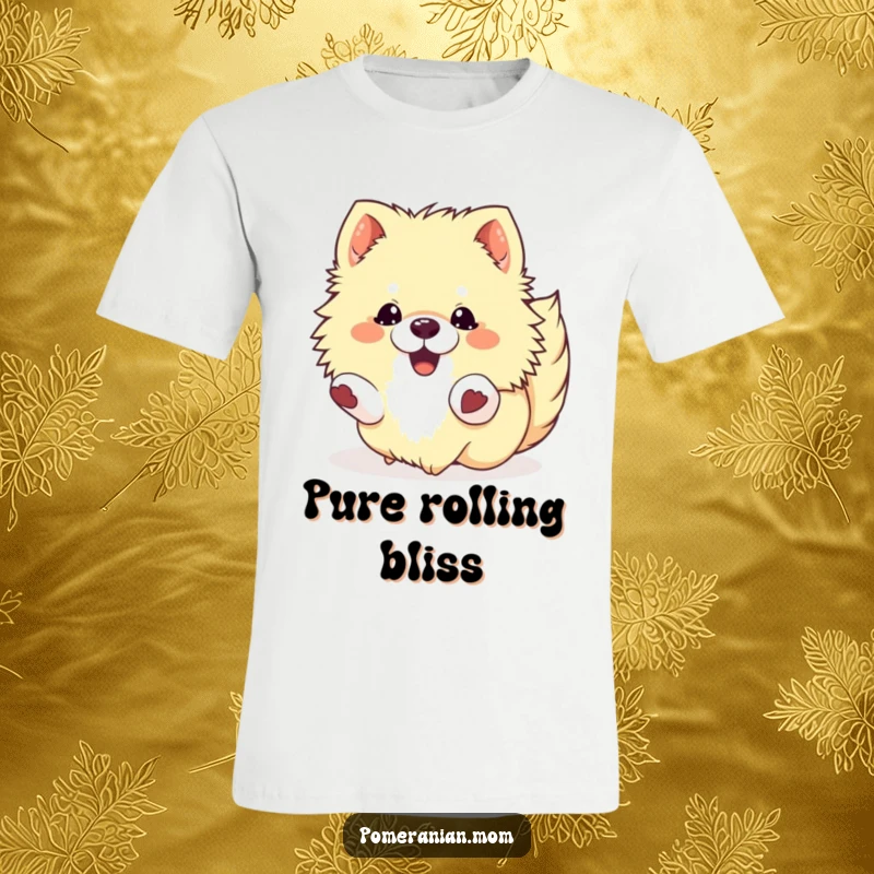 Funny Kawaii Pomeranian T-Shirt: A fluffy dog captured rolling with pure delight, showcasing utter bliss and fun.