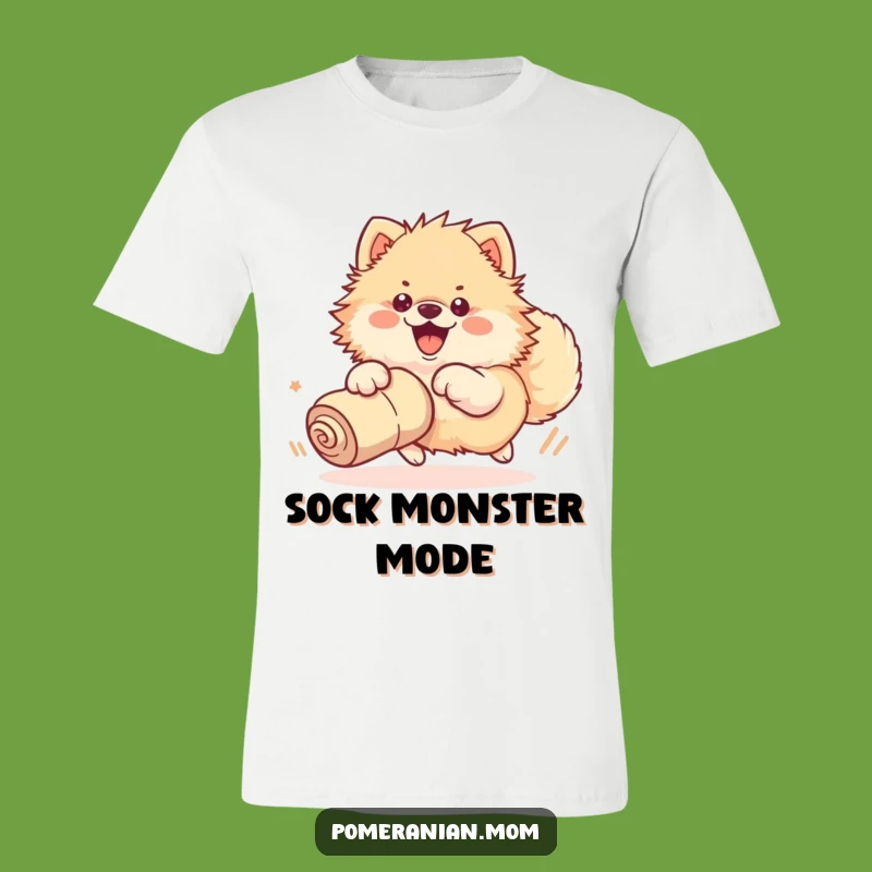Funny Kawaii Pomeranian Sock Chase Tee: Hilarious Dog Shirt for Playful Souls