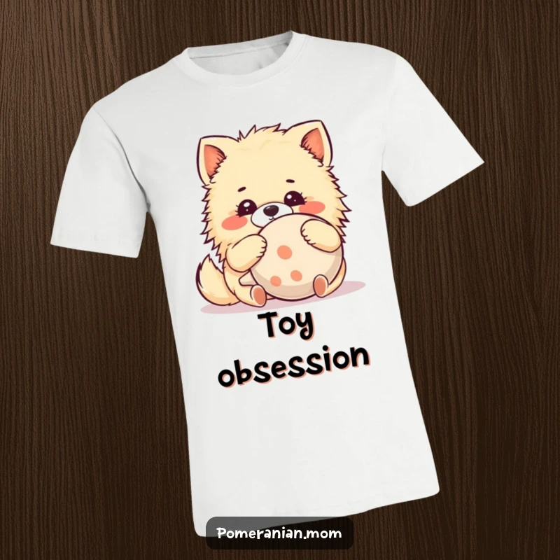 Funny Kawaii Pomeranian T-Shirt: A cute dog hugs a comically large squeaky toy with absolute delight, perfect for dog enthusiasts.