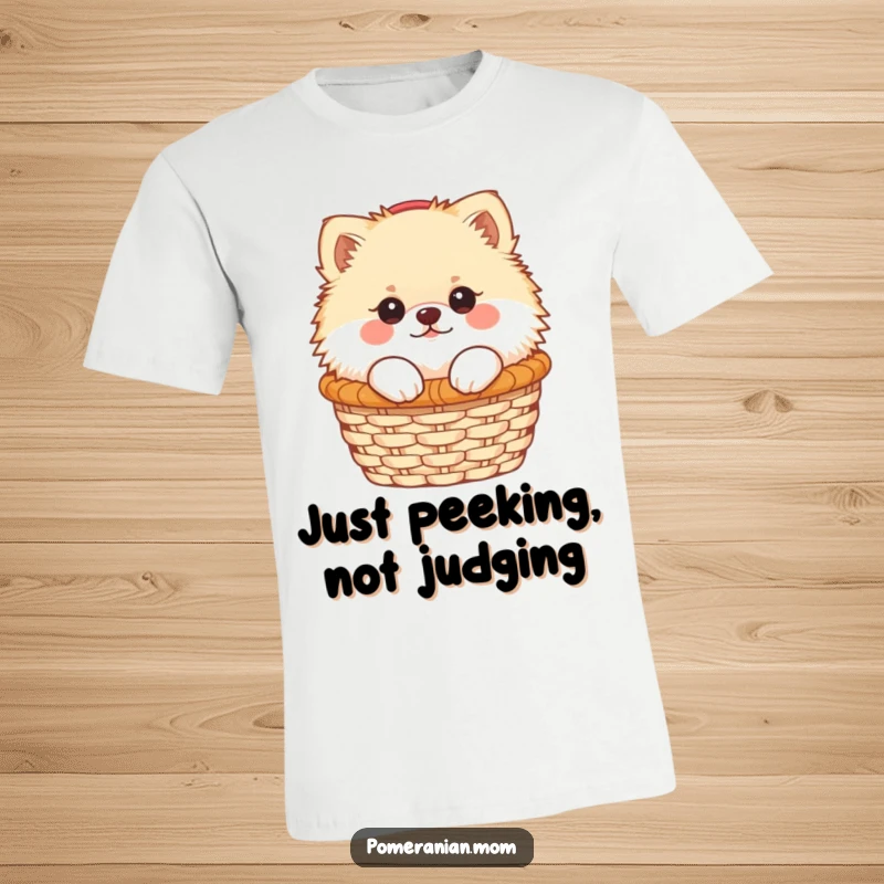 Funny Kawaii Pomeranian peeking from a small basket on a t-shirt, exuding pure charm and happiness, a delightful gift.