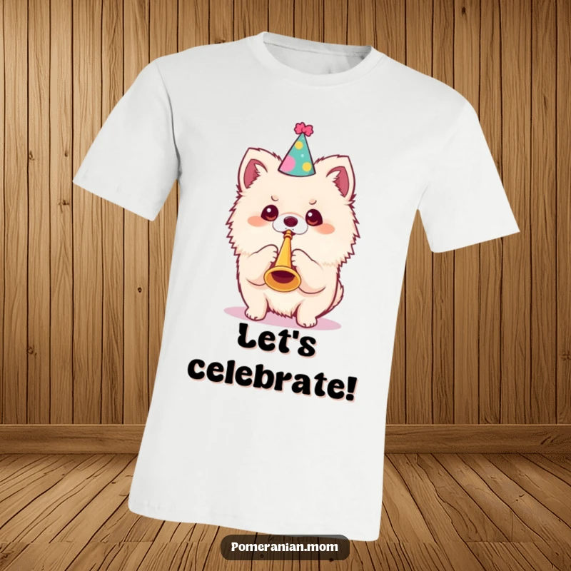 Funny Kawaii Pomeranian T-Shirt: A cute dog wearing a party hat blows a tiny trumpet, spreading joyful celebration vibes.