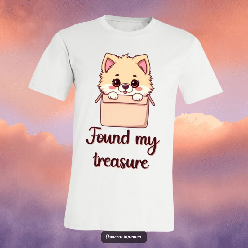 Funny t-shirt with a kawaii Pomeranian peeking from a toy box with a surprised expression, capturing a moment of discovery.