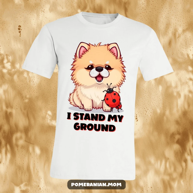 Funny t-shirt with a kawaii Pomeranian bravely barking at a ridiculously small ladybug, capturing a humorous pet moment.