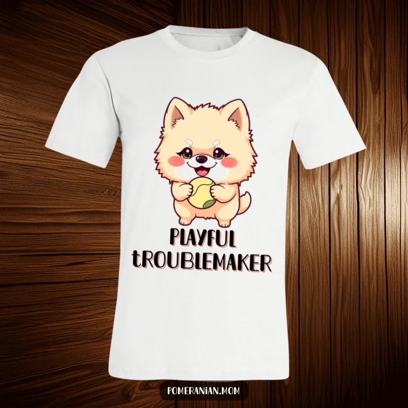 Funny Pomeranian character with a mischievous grin holding a ball on this t-shirt, embodying playful energy and a desire to play.
