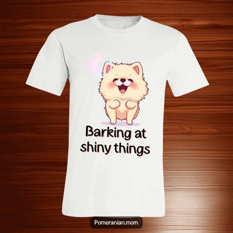 Funny Pomeranian t-shirt depicting a tiny dog energetically barking at a floating bubble, showcasing pure playful delight.