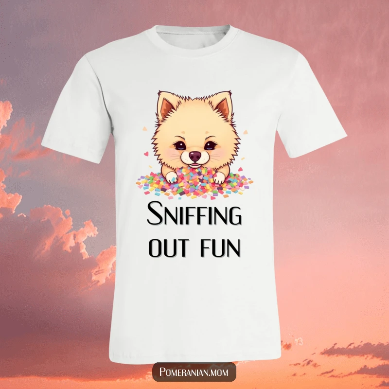 Funny Pomeranian T-shirt with its head buried in a vibrant pile of colorful confetti, captured mid-celebration with sheer happiness.