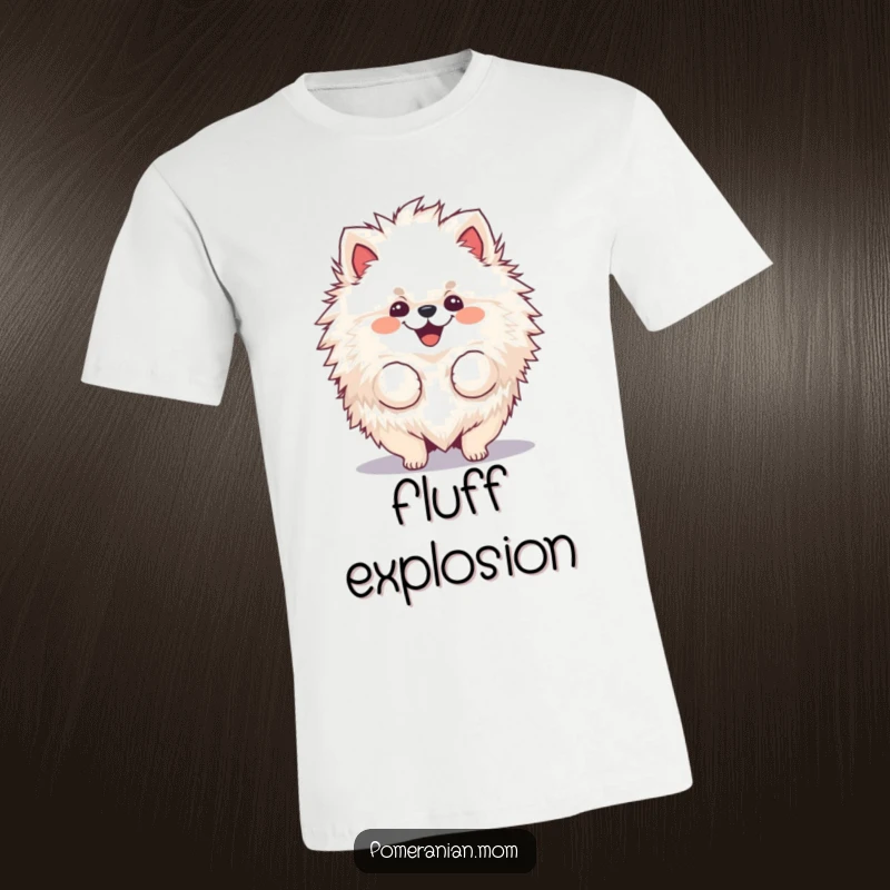 Funny, fluffy Pomeranian t-shirt joyfully shaking its voluminous fur, creating a swirl of fun.